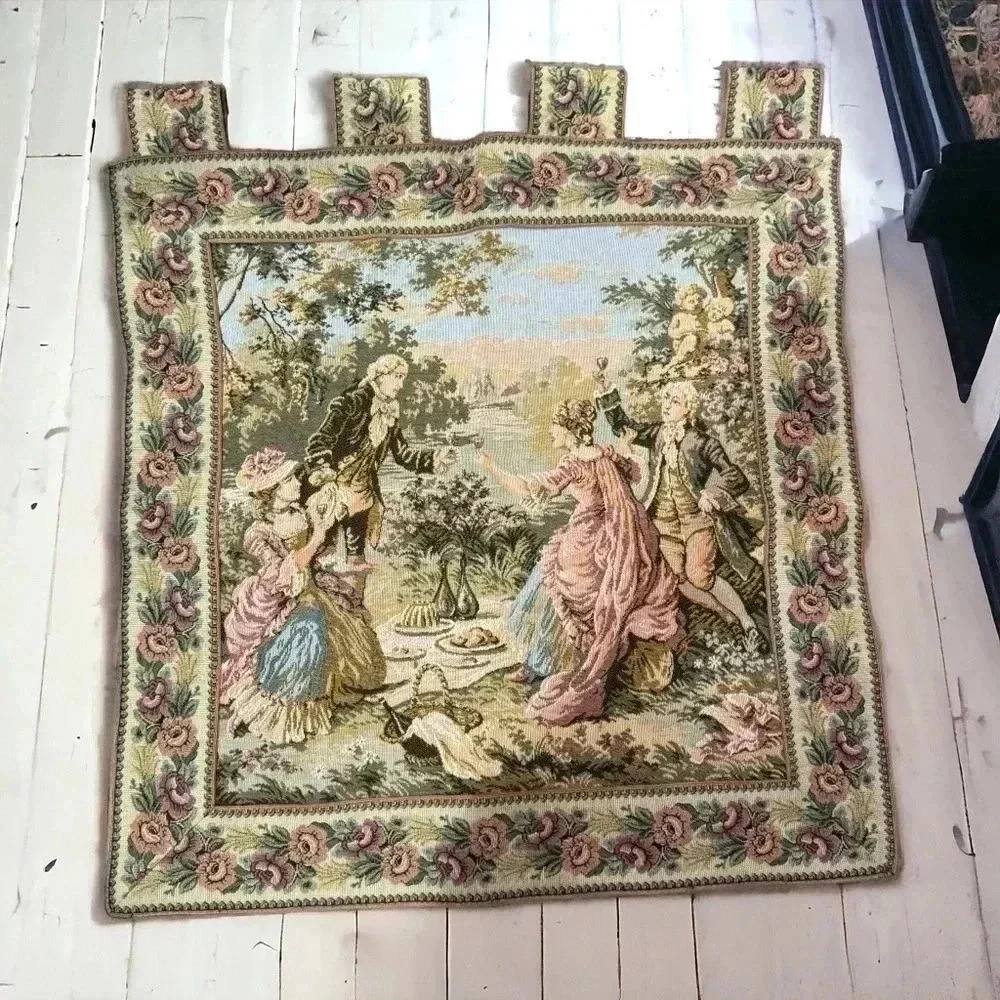 Vintage needlepoint tapestry  French pictorial art Victorian romance art nouveau